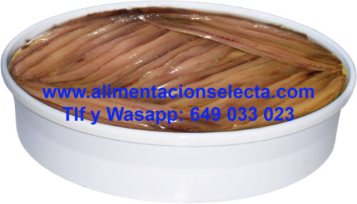 Anchoas de Santoña grandes precio imbatible, Anchoas de Santoña 00 Engraulis Encrasicolus que aunque no son tan grandes ( entre 12 y 20 centímetros por pieza) como las anchoas 00 capturadas en Argentina ( Engraulis Anchoita) ni tan grandes como las anchoas (Engraulis Ringens) capturadas en Sudamérica, éstas Anchoas grandes de nuestro formato de pandereta de 700 gr son las Anchoas más grandes que habitualmente se capturan en nuestro maravilloso Mar Cantábrico y se pueden comprar y trabajar en la lonja de Santoña. En cada pandereta de 700 gramos de anchoa 00 entran aproximadamente unos 90 filetes de anchoa, para que se hagan una idea. La diferencia de nuestra Anchoa 00 y la Anchoa 00 capturada en otros mares como Argentina, Croacia, Sudamérica, etc., es que nuestra anchoa 00 es más pequeña en tamaño, pero infinitamente más sabrosa, tersa y con un color marrón en su carne inigualable, que hace que sus cualidades organolépticas superen ampliamente a las cualidades gustativas del resto de las diferentes especies de anchoas 00 del resto del mundo. Lo que provoca esta diferencia de sabor en nuestra anchoa del Cantábrico grande 00 es que nuestro mar se caracteriza por sus aguas especialmente frías, lo que hace que nuestra anchoa 00 se tenga que mover continuamente para localizar su alimento y eso hace que su piel y su cuerpo sean muy musculosos, al contrario que el resto de especies de anchoa capturadas en otros mares más cálidos, dónde la anchoa captura de una manera más fácil su comida, y su cuerpo aunque se desarrolla más grande en cuanto a tamaño, no se dota del sabor y textura que tienen nuestras Anchoas 00 del Mar Cantábrico ó incluso las anchoas más pequeñas pero también capturadas en el Cantábrico. El enorme frío de nuestras aguas es el secreto del sabor y textura exclusivo de nuestra Anchoa 00 grande ó pequeña del Mar Cantábrico. Anchoas grandes Artesanales 100%, Pandereta de 700gr de peso neto con Anchoas del Cantábrico elaboradas filete a filete en Santoña Cantabria con una limpieza espectacular filete a filete, uno a uno, pez a pez, como le gusta presumir al Presidente de Cantabria Don Miguel Ángel Revilla Anchoas de Santoña marcas Selectas. Exquisitas Conservas de Anchoas del Mar Cantábrico Engraulis Encrasicolus capturadas por barcos de nuestra flota Santoñesa con Exquisito Sabor y firme Textura. Anchoas bañadas en el Mejor Aceite de Oliva Español. Si quiere comprar las mejores Anchoas de Santoña y del Cantábrico elaboradas en Santoña esta es su marca de Anchoas en la que nosotros mismos le garantizamos la Calidad de nuestro producto final. Vendemos la mejor Calidad de Anchoas de Santoña tanto en Pandereta Metálica como en Pandereta de Plástico o Tarro de Cristal y Octavillo de España seleccionando el Mejor Bocarte de la lonja de Santoña y de las lonjas de Cantabria. Anchoa especie Engraulis Encrasicolus tamaño 00 nuestro, en la única Anchoa originaria del Mar Cantábrico tamaño grande que vendemos. Conservas Gourmets de Anchoas elaboradas costera a costera seleccionando las Mejores Anchoa de Santoña receta de nuestros abuelos: seleccionando las anchoas en base a su tamaño, textura, color y grado de maduración en salazón. Estas Selección de Anchoas de Santoña grandes con precio imbatible son ideales para preparar Cestas de Navidad, Pinchos, Regalos de Empresa, Regalos para Clientes y Amigos, etc. Por su excelente calidad de Sabor y Textura y su Tamaño de Bocarte estos filetes de Anchoa del Cantábrico son ideales para abrir y comer sin más. Estas Conservas Gourmet de Anchoas de Santoña marcas Seleccionadas son perfectas para compartir en mesa con Pimientos del Piquillo, Quesos Gourmet, Mariscos de Galicia, Jamón Ibérico, etc. Anchoas de Santoña Engraulis Encrasicolus receta artesanal con aceite de oliva de solo 0,1 grados para conservar al máximo el sabor original de nuestra Anchoa del Mar Cantábrico. Gracias a su excelente precio merece la pena comprar las Anchoas por lotes pues llevan incluido el precio del transporte a partir de sólo 1 pandereta para toda la península Española. Cada Filete de Anchoa ha sido limpiado y elaborado uno a uno a mano para no dañar su carne y preservar todo su sabor original intacto. Nuestra Calidad de Elaboración Artesanal es merecedora de los Mejores Premios a nivel nacional en todo tipo de concursos gastronómicos. Garantizamos la Calidad Gourmet de nuestras Anchoas de Santoña precio imbatible, Anchoas para Sibaritas cien por cien elaboradas en Santoña. Seguro que tiene amigos o compañeros de trabajo que ya han probado la excelente calidad de nuestras Conservas Gourmet de Santoña y Cantabria, pregúnteles si están contentos y verán. No podemos garantizar este precio imbatible de las anchoas grandes de manera indefinida, aproveche esta oferta de Conservas de Anchoas Artesanales, ya que nuestra producción es limitada. Anchoas del Cantábrico precio imbatible, Anchoas Artesanales en Pandereta de 700 gramos de peso neto. Anchoas del Cantábrico Santoña elaboradas filete a filete en Santoña, con una limpieza espectacular de sus lomos como le gusta presumir al Presidente de Cantabria Don Miguel Ángel Revilla con las Conservas Delicatessen del Mar Cantábrico capturadas por barcos de Santoña. Anchoas con Exquisito Sabor y firme Textura. Anchoas bañadas en el Mejor Aceite de Oliva Español. Anchoas del Cantábrico precio imbatible para Gourmets. Anchoas de Santoña 00 grandes en Pandereta ó Lata para consumo familiar de auténticos Bocartes del Mar Cantábrico elaborados de forma Artesanal uno a uno por mujeres de Santoña con años y años de tradición artesanal a sus espaldas y en sus manos artesanas Las Mejores Anchoas del Cantábrico grandes 00 selectas en Calidad e imbatibles en precio, es el resultado de convertir el pescado original el Bocarte del Mar Cantábrico en un espectacular producto conservero tras eviscerarlo completamente y limpiarlo de piel y espinas para seguidamente dejarle unos 9 meses en salazón madurando y después meterlo en conserva bañado con el Mejor Aceite de Oliva Español de sólo 0,1 grados. Recomendaciones de cómo conservar la Mejor Anchoa de Santoña receta frigorífico: La mejor manera de conservar las Anchoas es tenerlas en un sitio fresco y seco entre 5 y 12 grados sin luz directa ó en la parte menos fría del frigorífico y cubiertas siempre de Aceite de Oliva, es decir si a medida que comemos las anchoas se va agotando el aceite que las recubre, pues le vamos rellenando con Aceite de Oliva que tengamos en casa, para que nunca se queden secas por ninguna parte y el aire no las oxide al quedarse descubiertas las anchoas. Si Usted busca dónde comprar Las Mejores Anchoas de Santoña precio calidad, le vamos a dar una recomendación: Las Anchoas de Santoña son una Semi Conserva y tienen una caducidad por ley de un año, y nosotros les enviamos a domicilio su pedido de Anchoas del Cantábrico online elaboradas en Santoña recién salidas de las manos de nuestras trabajadoras anchoeras, con toda su caducidad intacta de 12 meses completos, por eso les explicamos que son Las Mejores Anchoas de Santoña y del Cantábrico que Usted puede comprar online con Máxima Garantía de Calidad. No lo dude compre anchoas recién elaboradas como éstas, y nosotros se las enviamos a su domicilio en tan sólo 24 48 horas nada más salir recién elaboradas de las manos de nuestras mujeres conserveras. Calidad Garantizada a domicilio en tiempo record. Si Usted ya conoce las Anchoas de Santoña Carrefour Mercadona Lidl Deluxe Consorcio Arlequín Hacendado El Corte Inglés etc, les recomendamos encarecidamente que nos de una oportunidad y compre ahora nuestras Anchoas grandes de Santoña en pandereta de 700 grs netos y verá de verdad lo que es comer unas Anchoas de Santoña extraordinarias recibidas en su domicilio nada más ser elaboradas y con Total Garantía de Calidad y limpieza en su presentación. Las Mejores Anchoas de Santoña precio imbatible en Pandereta de 700gr de Peso Neto Anchoas del Cantábrico Sin Espinas y Perfectamente Limpias. Las Mejores Anchoas grandes de Santoña Enviadas a Domicilio desde la Fábrica Recién Elaboradas Anchoas Selectas 100% Las Mejores Anchoas del Cantábrico precio imbatible en lata de 700 gramos Exquisito Sabor Máxima Calidad Anchoas grandes nombre científico Engraulis Encrasicolus Perfectamente Limpias Sin Espinas con 12 Meses de caducidad Completos y un tamaño de entre 12 y 20 cms por anchoa Receta de conservación de sus Anchoas de Santoña: téngalas siempre en la parte menos fría de la nevera y siempre cubiertas de Aceite de Oliva. Anchoas del Cantábrico online para mezclar con Pinchos de Quesos Pimientos del Piquillo Bonito del Norte Espárragos de Navarra Anchoa de Santoña comprar precio online Serie Oro especie seleccionada, no busque más: Compre Anchoas de Santoña como éstas y nosotros se las enviamos a su domicilio en sólo 24 48 horas recién elaboradas por nuestras mujeres conserveras con toda su caducidad completa y Total Garantía de Calidad. Si Usted ya conoce las Anchoas del Cantábrico Carrefour Mercadona Lidl Deluxe Consorcio Arlequín Hacendado El Corte Inglés etc, les recomendamos encarecidamente que nos de una oportunidad y compre ahora nuestras Anchoas de Santoña en pandereta grande de 700 grs netos y verá de verdad lo que es comer unas Anchoas de Santoña Selectas extraordinarias recibidas en su domicilio nada más ser elaboradas y con Total Garantía de Calidad y limpieza en su presentación. Recuerde, el tamaño de Anchoa 00 del Mar Cantábrico es más pequeño que el de la anchoa 00 de otros mares, pero su sabor es INFINITAMENTE MÁS SABROSO Y TERSO. Pruebe y compare, y si tiene alguna duda llámenos o escríbanos al teléfono con wasapp 649 033 023 y les atenderemos encantados. GRACIAS.