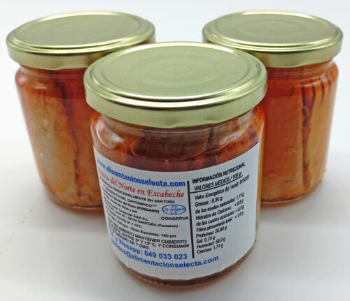 Comprar Bonito del Norte en Escabeche pack Oferta de 3 tarros de 240 gr de peso neto cada tarro de cristal comprar Bonito del Norte en Escabeche Elaborado Artesanalmente en Santoña Pescado a Caña para no dañar su cuerpo Bonito en Escabeche en Conserva Delicatessen del Mar Cantábrico Bonito del Norte en Escabeche con Exquisito Sabor y una Suave Textura que acompañan su carne bañada en el Mejor Aceite de Oliva Español Lote Oferta de 3 Tarros de cristal Artesanos 100% donde cortamos sus lomos de forma transversal para hacer penetrar mejor el Aceite de Oliva entre su preciado cuerpo No espere a que se le agoten sus actuales tarros de Bonito del Norte en Escabeche y pruebe la mejor calidad de Bonito del Norte en Escabeche de Santoña y España Vendemos la mejor Calidad de Bonito del Norte en Escabeche y en Aceite de Oliva de España y por supuesto las Mejores Anchoas y Conservas Artesanales de España seleccionando el Mejor Producto con Denominación de Origen en las lonjas de Santoña Cantabria y España al mejor precio. Nuestras Conservas Gourmets de Bonito del Norte en Escabeche son elaboradas costera a costera seleccionando el mejor Pescado de las Lonjas de Cantabria, Galicia y Vizcaya para luego elaborarlo en Santoña y desde allí enviarlo a su domicilio en solo 24 48 horas. Estas Conservas de Bonito del Norte en Escabeche y Anchoas Caseras de Santoña son ideales para preparar Cestas de Navidad, Regalos de Empresa, Regalo para Clientes y Amigos, regalos para médicos, regalos para abogados etc. Por su excelente Calidad de Sabores y Texturas y su Selección en origen en las Mejores Lonjas del norte de España estas conservas de pescado son el Mejor Regalo Gourmet Español posible Estas Conservas Delicatessen son ideales para compartir en Ensaladas Gourmet Tortillas Españolas con Anchoas de Santoña en Bocadillos para Sibaritas con Pimientos de Piquillo Gracias a su excelente precio de transporte merece la pena comprar por lotes de 3 tarros de cristal de Bonito del Norte en Escabeche Cada lomo de Bonito del Norte en Escabeche ha sido cortado a cuchillo uno a uno para no dañar su carne y preservar todo su sabor original intacto no desmigando su cuerpo Su calidad de Elaboración Artesanal es merecedora de los Mejores Premios en Ferias Internacionales de todo el mundo. Si aún Si no sabe dónde comprar el Mejor Bonito del Norte en Escabeche en cómodos tarros de cristal y en pack oferta precio por lote, pruebe a comprar estos tarros de cristas de Bonito del Norte en Escabeche de Alimentación Selecta y les damos nuestra palabra de que no se van a arrepentir de la compra gracias a su extraordinario sabor, textura y jugosidad. Compre ahora Bonito del Norte en escabeche Calidad gourmet y disfrute en su paladar o utilice para regalo el Mejor Bonito del Norte en Escabeche de España Seguro que tiene amigos o compañeros de trabajo que ya han probado la excelente calidad de nuestras Conservas Gourmet de Santoña y Cantabria, pregúnteles si están contentos con nuestras conservas de Bonito del Norte en Escabeche y verá lo que le cuentan No podemos garantizar este precio de manera indefinida aproveche esta oferta de Bonito del Norte en Escabeche de Costera Oferta Precio por lote ya que la producción anual es limitada debido a la estricta selección de pescado que realizamos en la lonja de Santoña Comprar Bonito del Norte en Escabeche Thunnus Alalunga Oferta 3 Tarros de 240 gr Elaborados en Santoña filete a filete lomo a lomo Pescados a Caña Pez a Pez de manera tradicional Bonito del Norte Calidad ORO en Escabeche Bonito del Norte en Escabeche Calidad Gourmet Thunnus Alalunga pescado a caña pez a pez y cortados sus lomos de forma transversal para hacer penetrar mejor el Aceite de Oliva entre su cuerpo Comprar Bonito del Norte en Escabeche elaborado Cien por Cien Artesanalmente pez a pez con una Calidad Insuperable de la que damos palabra de su calidad Comprar Oferta de 3 tarros de cristal Exquisitos con el Mejor Bonito del Norte en Escabeche del Cantábrico Perfecto para Ensaladas Bocadillos mezclar con Pimientos o Anchoas de Santoña Bonito del Norte en Escabeche Calidad Oro al mejor precio Estos Tarros de Bonito del Norte en Escabeche son realmente tan Jugosos que van a querer mezclarlos no solo en ensaladas tortillas con pimientos rojos etc sino que también van a utilizarlos para comer como plato entrante único Son Realmente lomos de Bonito del Norte Exquisitos Comprar Bonito del Norte en conserva en Escabeche junto con la Mejor Anchoa de Santoña sistema abre y come son la Mejor Pareja de Productos Gourmet de Santoña Cantabria y España repetirán seguro La Mejor Oferta de Productos Gourmet Españoles capturados y Elaborados Artesanalmente en el Mar Cantábrico con la Mejor Relación Precio Calidad Bonito del Norte en Escabeches y Anchoas de Santoña Caseras Estamos tan seguros de la Calidad del Bonito del Norte en Escabeche y de la Anchoa de Santoña que les presentamos en conserva, que les rogamos nada más probarla por favor nos comenten sus impresiones Una vez que ustedes reciban su pedido de Bonito del Norte en Escabeche o Anchoas recibirán también un completo listado con todos nuestros otros productos a la venta El Mejor Sabor del Mar Cantábrico reunido en 3 Tarros de Bonito del Norte en Escabeche Elaborados íntegramente en Santoña Pack Oferta Productos Gourmet Españoles del Mar Cantábrico con Bonito del Norte en escabeche Artesano 100% Si no sabía dónde comprar el Mejor Bonito del Norte en Escabeche de España ahora ya lo sabe, en Alimentación Selecta elaboramos el Mejor Bonito del Norte en Escabeche de España y se lo enviamos a domicilio en tan solo 24 48 horas. Comprar el Mejor Bonito del Norte en Escabeche con envío a domicilio incluido nunca fue tan fácil, denos una oportunidad y pruebe el Mejor Bonito del Norte en Escabeche en conserva de España y disfrute en su casa de uno de los mejores sabores del Mar Cantábrico en su mesa con sólo hacer un click en nuestra web. Receta para elaborar el Mejor Bonito del Norte en Escabeche: nuestra receta de Bonito del Norte en Escabeche es tan fácil que asusta, sólo se trata de comprar en la lonja de santoña el Mejor Bonito del Norte, llevarlo a la fábrica, lonchearlo, añadirle el mejor aceite de oliva de España, el mejor vinagre de España, y una mínima pizca de sal y meterlo en conserva para poder hacérselo llegar a Ustedes con todas las garantías. Así de fácil y de sencilla es nuestra receta del Mejor Bonito del Norte en Escabeche de Alimentación Selecta. Recetas con Bonito del Norte en Escabeche como ingrediente principal: Con Bonito del Norte en Escabeche podemos preparar ensaladas camperas, ensaladas mixtas de pimientos del Piquillo y Bonito del norte en escabeche, Salmorejo con Bonito, Charlota de tortilla con Bonito en escabeche, Sushi de Bonito en escabeche, Pizza Marinera con Anchoas de Santoña y Bonito en escabeche, Tartaletas con Gorgonzola y bonito del norte en escabeche, Pimientos del Piquillo rellenos de Bonito en escabeche, Escalivada de Anchoas de Santoña y bonito en escabeche, Bonito en escabeche sobre rodajas de tomate fresco, huevos rellenos de Bonito en escabeche…Como ven la multitud de recetas de Bonito del Norte en Escabeche son casi tan infinitas como su imaginación quiera improvisar, y además todas ellas son recetas muy sencillas, ricas y fáciles de preparar. GRACIAS POR SU CONFIANZA!!.