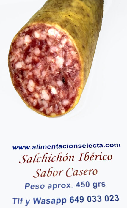 Salchichón Ibérico en piezas de unos 450 grs aproximadamente de puro Salchichón Ibérico con un ligero toque de sabor a pimienta que junto con el resto de aderezos que sumamos en su proceso de curación de más de 6 meses le dota de un intenso sabor y aroma propio de los productos ibéricos caseros que tanto nos gustan a la hora de saborear un producto seleccionado y recomendado de tan altísima gama. Sus brillantes tonos morados y rojizos nos enseñan claramente el cuerpo carnoso de nuestro Salchichón Ibérico mezclado sabiamente con el resto de ingredientes para conseguir un gusto exquisito en nuestro paladar que hace que una vez abierta una pieza esta vaya a durar muy poco tiempo colgada en nuestra despensa o la de nuestros invitados Recomendamos para aprovechar al máximo todas las propiedades del Salchichón Ibérico, sacarlo de su funda de vacío unas 24 / 48 horas antes de irlo a servir, ya que de esa manera todas sus propiedades y aromas tendrán tiempo suficiente para orearse y una vez entrado el aire en su cuerpo carnoso mostrarnos todos los aromas de tan exquisita pieza de Salchichón Ibérico. Esta pieza de Salchichón Ibérico con Sabor Casero ha sido elaborada con las mejores piezas de nuestros cerdos ibéricos criados en dehesas a campo abierto para conseguir así que su carne y musculatura tengan un desarrollo uniforme en su sabor y textura y una vez en boca nos proporcionen toda una jugosa experiencia donde se mezclan la curación en secaderos, la crianza a cielo abierto, la riqueza de la naturaleza de nuestras dehesas y la sabia recete de varias generaciones familiares elaborando auténticas piezas de Salchichón Ibérico con Sabor Casero de verdad. Recomendamos consumir el Salchichón Ibérico Casero a temperatura ambiente entre 20 y 25ºC y después de haberlo sacado de su funda de vacío unas 24 / 48 horas antes. Después de su primer consumo, y si es que ha quedado algo, recomendamos guardarlo en sitio seco y fresco alejado de la luz. Y si quiere comprar un Lote de Productos Ibéricos Sabor Casero en nuestra web le ofrecemos nuestro Lote Gourmet Ibérico compuesto por 3 piezas de 450 gramos aprox cada una con 1 Caña de lomo Ibérico 1 Salchichón Ibérico y 1 Chorizo Ibérico que harán las delicias de su paladar o de aquellas personas a las que regale tan exquisito Lote de Productos Ibéricos Seleccionados dispuestos a competir con cualquier otro Producto Gourmet capaz de componer una exquisita Cesta de Regalos Gourmet Ibéricos Lote de Productos Ibéricos elaborados a base de las mejores carnes y piezas del cerdo Ibérico donde resaltan sus característicos colores vivos y sus potentes aromas tradicionales Vendemos la mejor Calidad de Productos Ibéricos con envío a domicilio a toda España y Europa incluida. Nuestros Productos Ibéricos como el Lomo el Chorizo ó el Salchichón Ibérico presentados en piezas de 450 grs aproximadamente cada uno han tenido un proceso de maduración y desecación que les da su característico olor sabor y color y que les hace incomparables con otros productos de carácter más industrial que Ustedes pueden comprar en grandes superficies Es probable que si compara los precios de otros Lotes de productos Ibéricos supuestamente elaborados de manera tradicional y vendidos en grandes superficies comerciales estos les parezcan a priori más baratos pero les Garantizamos de verdad que la Calidad de nuestros Chorizos salchichones y Lomos Ibéricos les va a sorprender Los Productos Ibéricos Ofertados en este lote se van a caracterizar al corte por un picado grueso y una constante infiltración de la grasa en la musculatura de los animales que representa la verdad de su crianza en campo abierto y que hace que a la hora de consumir estos productos Ibéricos Usted pueda disfrutar de todas sus cualidades organolépticas desde que abre el vacío Esta jugosidad en boca hace de nuestra Selección de Productos Ibéricos un regalo perfecto no solo para compartir en familia regalos etc sino como ingrediente imprescindible para el sector de hostelería y restauración por su exquisita relación precio calidad Y si desea comprar Lotes de Productos Ibéricos en cantidades grandes haga ahora una prueba comprando este pack oferta de 3 piezas de productos ibéricos y pídanos después precio para más cantidad a través de nuestro wasapp Estamos tan seguros de la gran Calidad que les ofrecemos en nuestros Chorizos Lomos y salchichones Ibéricos que les aseguramos que ni las Mejores Recetas Caseras de España se acercan al resultado final de este exquisito manjar curado del Cerdo Ibérico que aquí les presentamos Nuestro mejor premio a la Calidad es que Ustedes prueben esta oferta de Salchichón Chorizo y Caña de lomo Ibérico y nos comenten después qué les ha parecido nuestro Lote Garantizamos la Calidad Sabor y Olor de nuestros Productos Ibéricos elaborados con los mejores cerdos criados en libertad en nuestras dehesas para una vez en fábrica ser tratados como auténticas piezas de joyería capaz de transmitir una vez cortados el sentimiento de sabor a naturaleza plena que Ustedes están buscando en nuestros productos Ibéricos Seguro que tiene amigos o compañeros de trabajo que ya han probado la excelente calidad de nuestros Lotes de Productos Ibéricos a los que intentan imitar en las mejores recetas caseras de la matanza ofrecidas en internet por famosos cocineros tradicionales No podemos garantizar este precio del Lote de Chorizo Caña de Lomo y Salchichón Ibérico sabor Casero de manera indefinida aproveche esta oferta de la dehesa Española ya que nuestra producción es limitada en el tiempo debido al largo proceso de maduración de nuestros productos Lote de Productos Ibéricos compuesto por 3 piezas de 450 gr aprox cada una con 1 Caña de Lomo Ibérico 1 Chorizo Ibérico y 1 Salchichón Ibérico elaborados de manera Artesanal con las mejores piezas de nuestros cerdos criados en total libertad como refleja el color y aroma de cada pieza 1 Caña de Lomo de 450 gr aprox 1 Salchichón Ibérico de 450 gr aprox y 1 Chorizo Ibérico de 450 gr aprox componen este Lote de Productos Ibéricos con Sabor Casero realmente exquisitos y listos para degustar o regalar gracias a su excelente precio de venta Si Ud es un amante de los Productos Ibéricos de Mercadona 5 Jotas Navidul Barrica Monteluz etc les animamos a que compren este Lote de Productos Ibéricos y compare precios y calidades les aseguramos que no les vamos a decepcionar y que sólo van a desear repetir Caña de Lomo Ibérico Chorizo Ibérico y Salchichón Ibérico elaborados artesanalmente con las mejores piezas y carnes de nuestros cerdos ibéricos Españoles criados en dehesas en total libertad para darle a cada pieza ese sabor color y aroma que sólo le puede dar la naturaleza Si quiere comprar el mejor lote de embutidos Ibéricos de España con Portes Gratis para toda la península este es su Lote Oferta con 1 Caña de Lomo Ibérico 1 Chorizo Ibérico y 1 Salchichón Ibérico Total casi 1,5 kilos de auténticos Productos Ibéricos con Sabor Casero de nuestras dehesas Lote de Productos Ibéricos con 1 pieza de Caña de Lomo Ibérico 1 Chorizo Ibérico y 1 Salchichón Ibérico Caña de Lomo Ibérico Chorizo Ibérico y Salchichón Ibérico para comer o regalar y quedar como Reyes Cada pieza de Lomo Chorizo y Salchichón tiene un peso aproximado de 450 gr de puro sabor Ibérico Son embutidos Ibéricos de altísima calidad elaborados con las mejores carnes de cerdos en libertad Comprar Lote de Productos Ibéricos al mejor precio y dese el gustazo de probar algo diferente Lomo Ibérico Chorizo Ibérico y Salchichón Ibérico al mejor precio y con Portes Gratis en Península