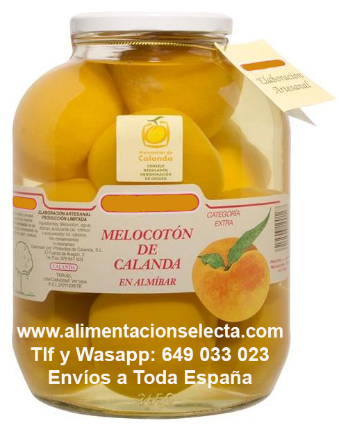 Melocotón de Calanda en almíbar, los Mejores Melocotones de Calanda en Almíbar en preciosos tarros de cristal de 2650 gr cada uno de peso neto. Un regalo original y personalizado compuesto por auténticos melocotones de Calanda en Almíbar. Melocotones de Calanda elaborados artesanalmente sin conservantes ni colorantes. Compre Regalos Cestas de Navidad y Lotes de Regalo con Melocotones de Calanda en Almíbar con Denominación de Origen y Máxima Calidad Maravillosos tarros de Conserva de Melocotones de Calanda a domicilio que nosotros podemos enviarle a cualquier destino de España en tan solo 24 48 horas. Conservas Gourmet con Denominación de Origen de Melocotones de Calanda en Almíbar. Ustedes pueden comprar tantos tarros de Melocotón en Almíbar de Calanda como Ustedes necesiten en base a que sean Cestas de Navidad Personalizadas y Originales para empleados proveedores socios amigos familiares, etc. Usted sólo nos tiene que decir cuantos tarros de Melocotón de Calanda necesita y nosotros se los enviamos a domicilio. Vendemos la mejor Calidad de Melocotón en Almíbar de Calanda, melocotones de Calanda temporada natural, recolectados con el máximo mimo y cariño para que lleguen hasta Ustedes con todas sus propiedades, sabor y textura insuperables. Nuestros Regalos Originales Gourmet en base a Melocotones de Calanda de temporada son conservas Delicatessen Españolas, regalos ideales para Navidad, regalos para hombres, regalos personalizados y originales para su pareja, regalos para empresas y empleados, regalos para proveedores, regalos para empresarios que quieren agasajar a sus compromisos y amistades con Productos Gourmet Españoles cien por cien con Denominación de Origen incluida. Es probable que si compara los precios de otras Conservas de Melocotón de Calanda de temporada en conserva supuestamente elaborados artesanalmente y vendidos en grandes superficies comerciales como Mercadona Carrefour El Corte Inglés, etc éstas les parezcan a priori Conservas de Melocotón más baratas, pero les Garantizamos de verdad que la Calidad de nuestros Melocotones de Calanda mezclados con nuestros Productos y Conservas Delicatessen Seleccionadas de Toda España les van a sorprender de verdad. Son Melocotones en Almíbar de temporada con todas las propiedades al completo en conserva presentados en elegantes tarros de cristal ideales para Regalos Originales Gourmet de verdad, donde puede seleccionar también para acompañar en sus regalos Anchoas, Bonito, Ventresca, Mejillones, Almejas, Berberechos, Sardinillas, Pimientos de Piquillo, Espárragos de Navarra, Salchichón, Chorizo, Lomo Ibérico, Miel, Guindillas ó Piparras, Orujo de distintos sabores, Vermouth de solera artesano de verdad, Boquerones en vinagre, Tabla de Quesos, etc, etc... Estas Conservas y Productos Gourmet de Calanda que Usted puede incluir en sus Cestas de Navidad ó Lotes de Regalo personalizados, son productos delicatessen seleccionados desde hace años por nuestra empresa entre los mejores productores nacionales Españoles. Comida de gran Calidad con Denominación de Origen y Conservas Gourmet del norte de España ideales no solo para compartir en familia regalos empresa etc sino para el sector de hostelería y restauración por su exquisita relación Precio Calidad Y si desea comprar Melocotón de Calanda con total Garantía de Calidad en cantidades grandes haga ahora una prueba comprando por suelto cualquiera de nuestros tarros en nuestra web de Alimentación Selecta y pídanos después precio para más cantidad a través de nuestro wa sapp o mail. Estamos tan seguros de la gran Calidad y Precio que les ofrecemos en nuestros Melocotones de Calanda online como Regalos Originales con D. O. que les aseguramos que ni las Mejores Cestas de Navidad y Regalos de Navidad de España de los grandes supermercados como El Corte Inglés Mercadona Carrefour etc se acercan al resultado final de este exquisito lote de productos de Teruel, gallegos, vascos, extremeños, cántabros, catalanes, ecológicos, asturianos, navarros, andaluces, etc que aquí les presentamos. Pruebe y compare la calidad de nuestras Cestas de Navidad y Regalos Personalizados comprando unidades sueltas de Melocotón de Calanda online para certificar su calidad. Nuestro mejor premio a la Calidad es que Ustedes prueben esta oferta de Melocotones de Calanda precio temporada y nos comenten después qué les ha parecido nuestra selección. Garantizamos la Calidad Sabor y Textura de todos los Productos Gourmet incluidos en nuestros listados para confeccionar Las Mejores Cestas de Navidad Gourmet Originales para empresas con Melocotón de Calanda en Almíbar de temporada. Todos los embutidos, conservas o productos frescos de estas Cestas de Navidad o Lotes de Regalo han sido minuciosamente seleccionados por nosotros durante años para que Ustedes puedan agasajar ó regalar a sus invitados y amigos con total Garantía. Seguro que tiene amigos o compañeros de trabajo que ya han probado la excelente calidad de nuestros Lotes de regalo Gourmet con Melocotón de Calanda en almíbar a los que intentan superar en los mejores supermercados, como por ejemplo los lotes de regalo gourmet de El Corte Inglés, los Lotes de Regalo Carrefour, etc, pruebe a confeccionar su propio Lote de Regalo Gourmet de Navidad en nuestra web y verá la diferencia de precio y calidad. Lotes de Regalo Gourmet de Navidad con comida de Calidad y fácil de preparar para que Usted o sus invitados puedan abrir y servir a su gusto con Los Mejores Productos Gourmet con Denominación de Origen incluida de España como estos Melocotones de Calanda compra online Garantizada por Calidad y Sabor. Las conservas de frutas en almíbar como estos Lotes de Regalo y Cestas de Regalo Gourmet son personalizadas y originales al cien por cien ya que es usted quién nos dice qué productos quiere y cuánto dinero quiere invertir en comprar cada cesta de navidad y cada lote regalo que necesite y nosotros se lo preparamos siguiendo sus gustos y necesidades. Por eso decimos que son nuestros Melocotones de Calanda embolsados los que componen las Cestas de Navidad más baratas y los Lotes de regalo más baratos de España, puesto que son Ustedes los que nos indican qué precio quieren tener en cada cesta de navidad ó en cada lote de regalo y nosotros las confeccionados según ese criterio. Más baratos y personalizados no pueden ser sus regalos… Los envíos a domicilio de Melocotones de Calanda en almíbar en cestas de navidad ó lotes de regalo se realizan en cajas de cartón anónimas de color Kraft para que no haya problemas con el transporte, siempre con todos los productos gourmet bien enbalados y respetando la fecha acordada con Ustedes para su entrega. Llevamos más de 20 años vendiendo Cestas de Navidad y Lotes de Regalo Gourmet de Navidad con total compromiso de servicio y precio. Si Usted quiere comprar Melocotón de Calanda ó conservas de frutas en almíbar para Cestas Regalo Originales, Cestas Regalo Personalizadas, Cestas de comida Gourmet Garantizada con algunas de las Mejores Denominaciones de Origen incluidas, no dude en hablar con nosotros, decirnos en qué precio por cesta de regalo navidad está interesado y nosotros le pasaremos rápidamente el mejor precio calidad del mercado en Cestas Regalo y Lotes Regalo Gourmet con melocotones en almíbar de España. Melocotón de Calanda propiedades: el melocotón de Calanda es un fruto de temporada cuya recolección se realiza a mano gracias al sistema de embolsado conservando todas sus propiedades organolépticas gracias a nuestro buen saber hacer desde hace más de 70 años que ofertamos para su compra Melocotón de Calanda en almíbar fruto de temporada en tarros de cristal SIN CONSERVANTES NI COLORANTES Y CON Denominación de Origen incluida al mejor precio. El Melocotón en almíbar tiene beneficios una vez metido en tarros como son su vistosidad, su imponente presencia para regalos, su larguísima caducidad en conserva y su fácil transporte a domicilio en tan solo 24 48 desde que Ustedes hacen su compra online de Melocotones de Calanda en nuestra web. Igualmente, si aparte de éste Producto Gourmet de Teruel Usted está interesado en comprar cestas regalo de comunión boda originales y personalizadas con los mejores productos gourmet de España no dude en pedirnos precio indicando tan solo cuantas unidades necesita. Si necesita comprar Cestas de Navidad Originales con Melocotón de Calanda de temporada en almíbar, Regalos de Navidad Gourmet para hombres o mujeres, Lotes de Regalo Baratos con precio marcado por Usted previamente, Cestas Regalo para empresas empleados amigos proveedores socios compromisos personales, etc. Nosotros podemos confeccionarles las Mejores Cestas de Navidad, Lotes de Regalo, Cestas Regalo y Regalos Gourmet de España. Sólo tiene que escribirnos al mail pedidos@alimentacionselecta.com ó llamarnos al teléfono con wasapp 649 033 023 Att. Javier González y les pasaremos los mejores precios de Cestas de Navidad Lotes de Regalo y Cestas Gourmet personalizadas originales de España. Gracias